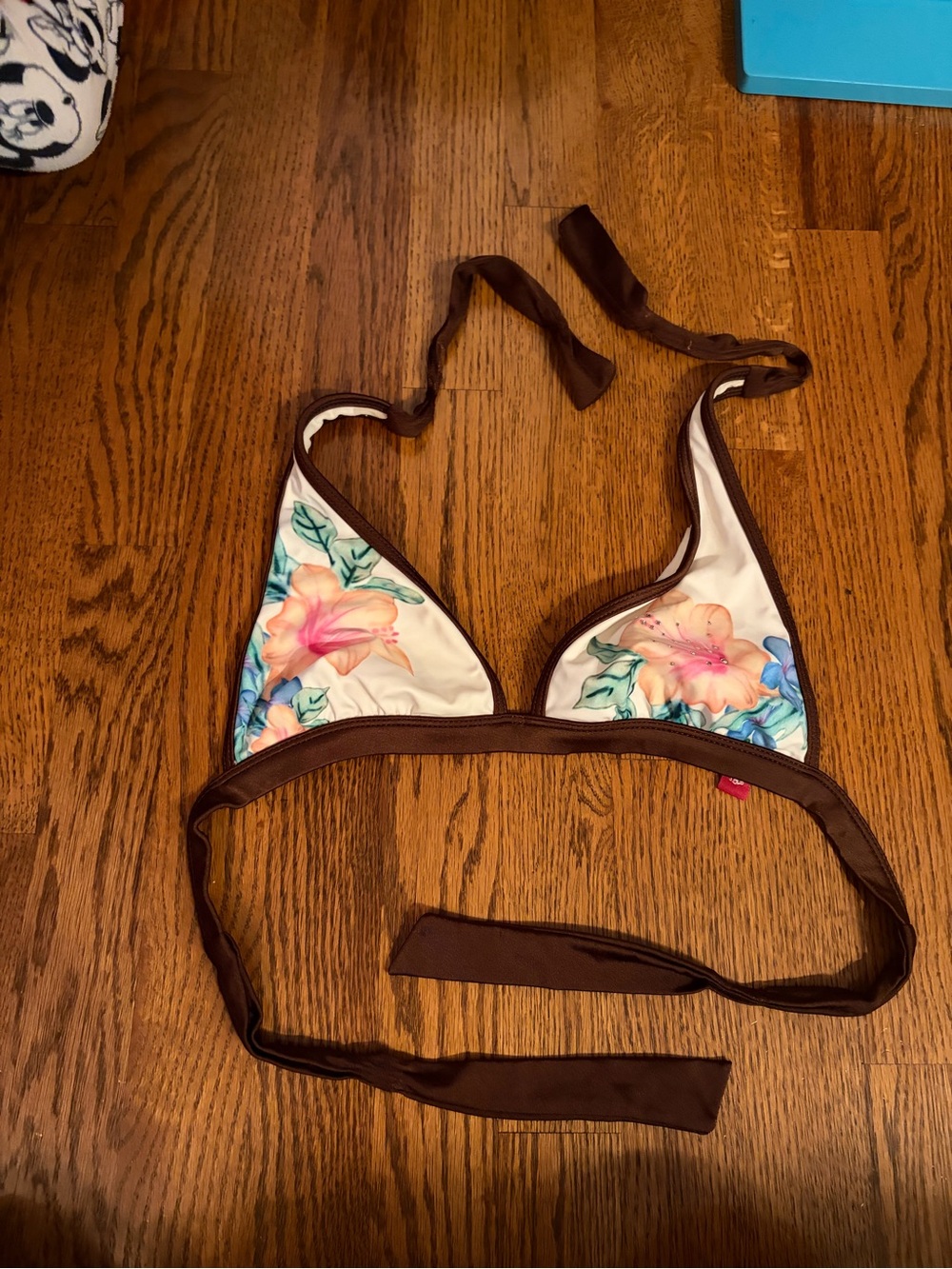 2004 Guess swim Floral Triangle Bikini Top in Brown and Cream with Pink Flowers